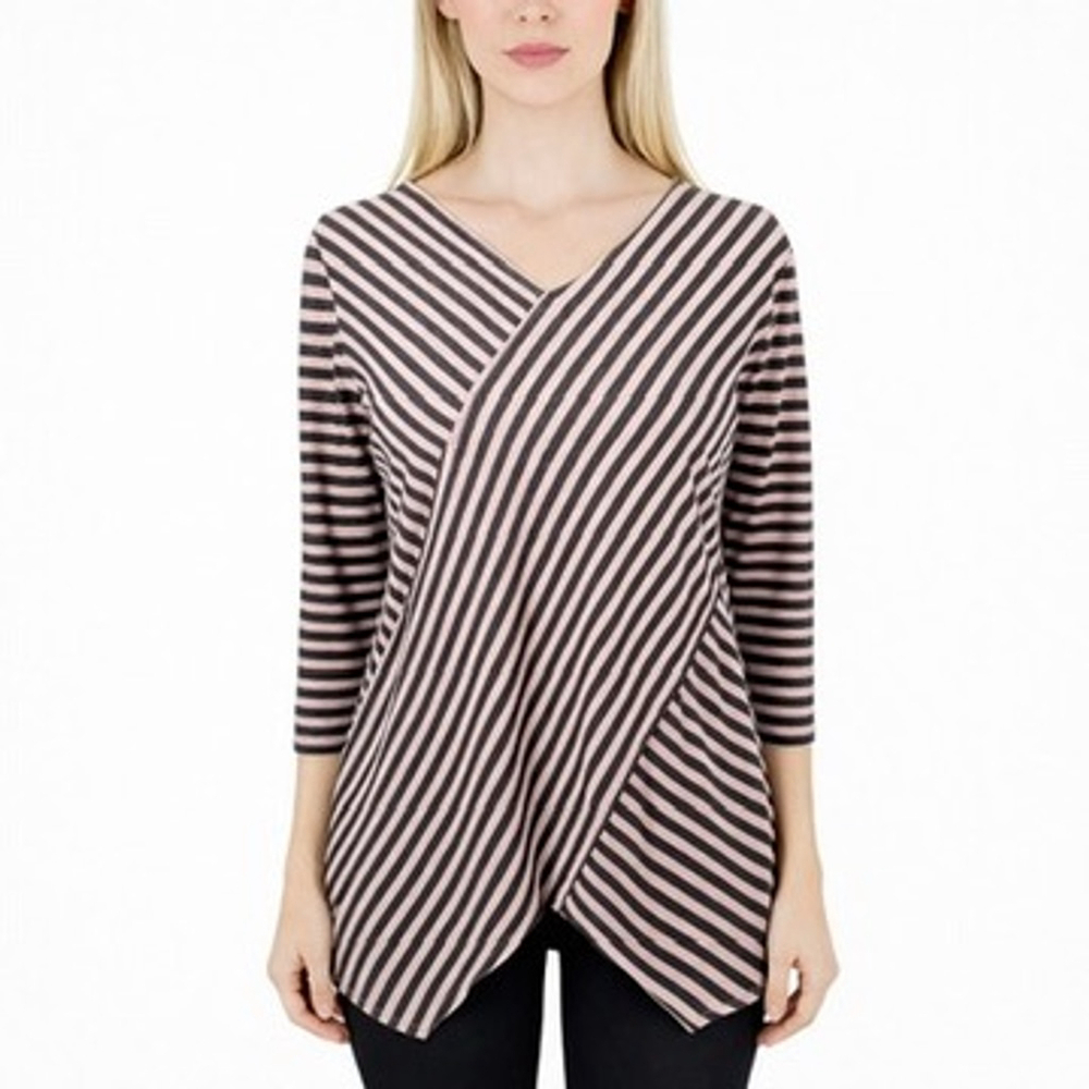 Cut Loose Soft V-Neck Pink Gray Striped Tunic Top Flattering Asymmetric Size XL